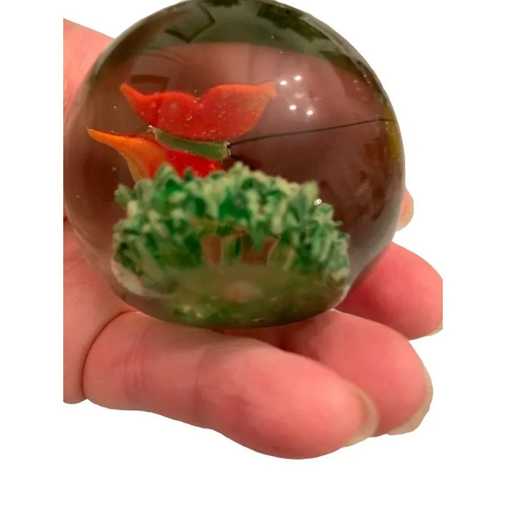 Glass Globe Paperweight Red Yellow Butterfly Grass 1.8
